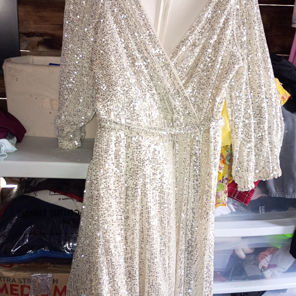 DKNY Silver Sequin Long Sleeve Dress